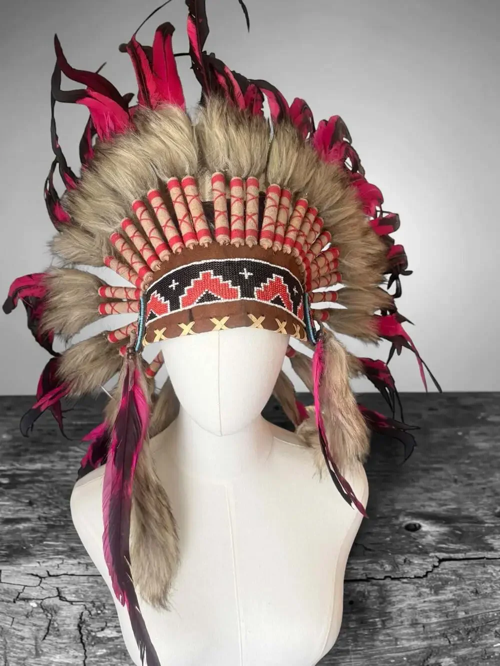 Feather Headdress Black and Pink Beaded One Size